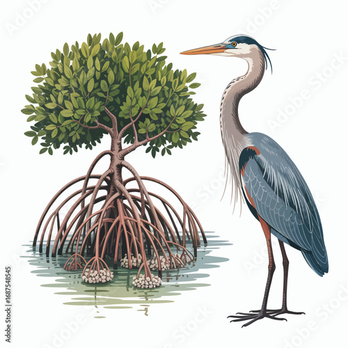 Great blue heron stands beside a mangrove tree with aerial roots