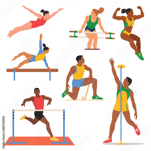 Diverse athletes in various track and field sports and gymnastics poses