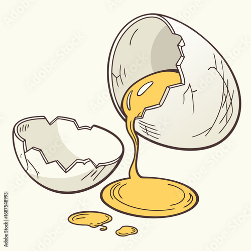Cracked egg illustration broken shell with dripping yolk for cooking breakfast recipe and food concept art