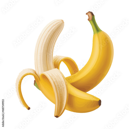Two ripe yellow bananas one peeled on a white background
