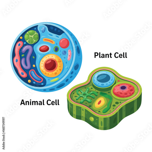 Diagrams of animal and plant cells with labeled structures