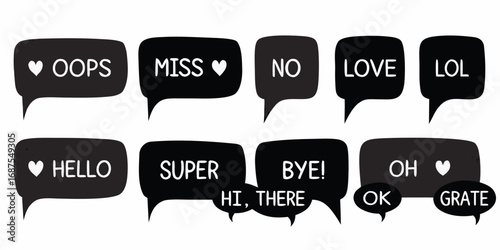 Collection of black speech bubbles with white text and hearts for messaging and communication