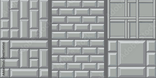 Seamless gray textured background with three different patterns of rectangular and square paving stones