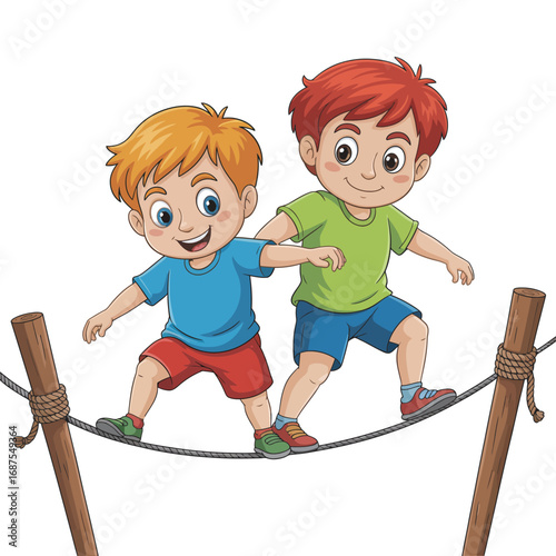 Two happy cartoon boys balancing on a tightrope together