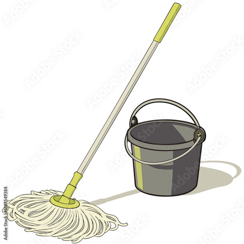 Illustration of cleaning equipment mop and bucket for floor cleaning and household chores and maintenance