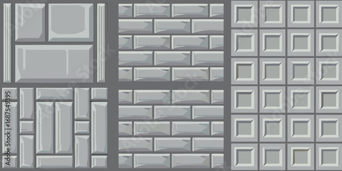 Collection of gray textured stone and brick patterns with different shapes and arrangements