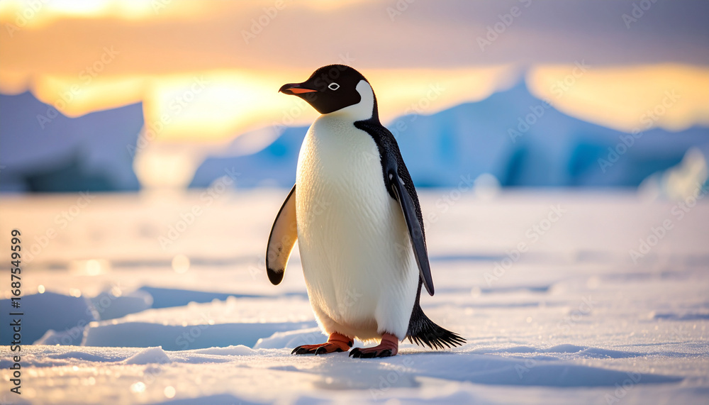 Fototapeta premium Adelie penguin standing on ice floe in antarctic landscape at sunset