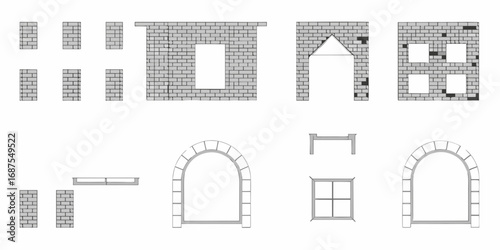 Collection of architectural elements and building components made of brick and stone