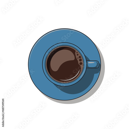 Overhead view of a steaming cup of black coffee on a blue saucer