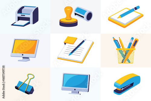 Collection of isometric office supplies and technology icons
