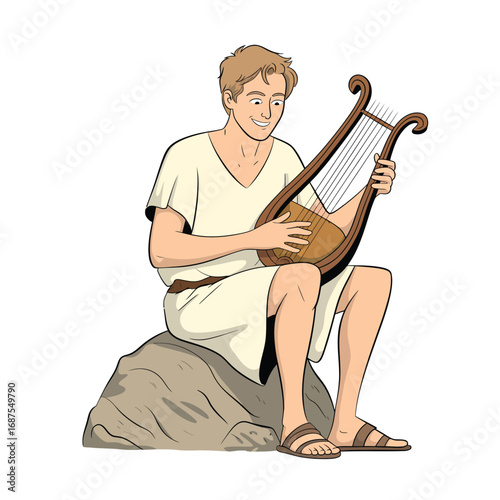 Ancient greek man playing a lyre while sitting on a rock