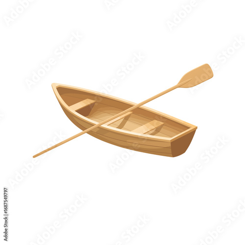 Wooden rowboat with a single oar isolated on white background