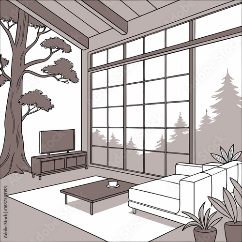Cozy living room sanctuary with large window overlooking serene forest and lush trees