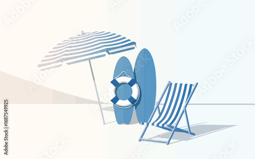 Beach scene with surfboards umbrella and deck chair