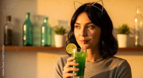 Young Woman with Cat Ears Sips Refreshing Green Drink During Golden Hour, Embracing Cozy Indoor Lifestyle