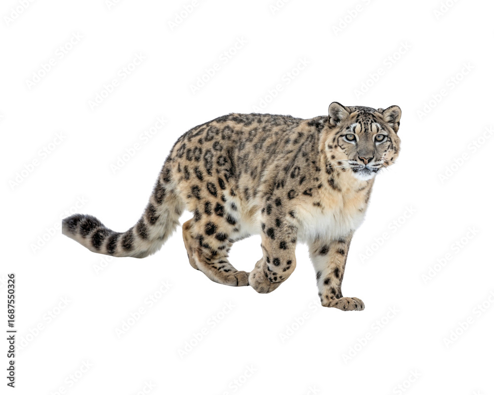 Obraz premium Majestic Snow Leopard Walking in a Snowy Environment on White Background