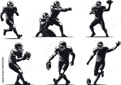 American football players in action poses, running, throwing, tackling, dynamic vector illustration, sports silhouette set