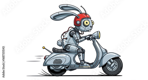 Robotic Rabbit Riding a Scooter with Red Helmet.