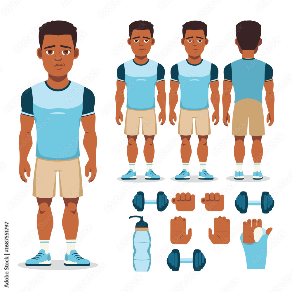 Fototapeta premium Fitness character creator vector set, sporty male avatar with full body poses, workout accessories, hands and face options