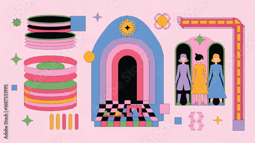 Abstract surreal scene with geometric shapes colorful architecture and stylized figures creates dreamlike contemporary art composition