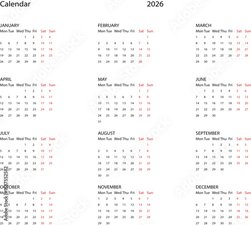 2026 Year Calendar | Printable Monthly Planner Template for Personal or Business Scheduling and Time Management