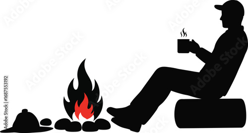 a person sitting by campfire enjoying warm drink outdoors