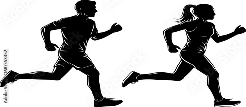 running man and woman line art silhouette vector illustration