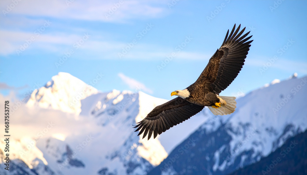Obraz premium Bald eagle soaring majestically against snowy mountain range in alaska