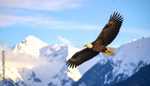 Bald eagle soaring majestically against snowy mountain range in alaska