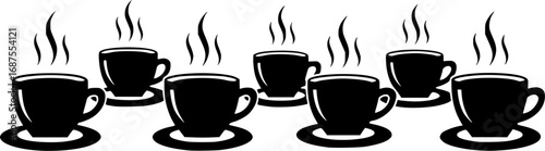 Six steaming coffee cups with hearts saucer