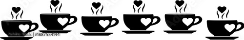 Six steaming coffee cups with hearts saucer