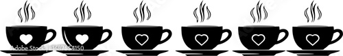 Six steaming coffee cups with hearts saucer
