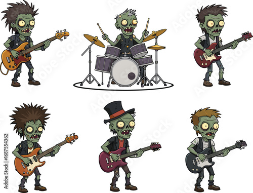 Cartoon zombie rock band playing instruments, undead musicians, horror theme, music performance, Halloween illustration