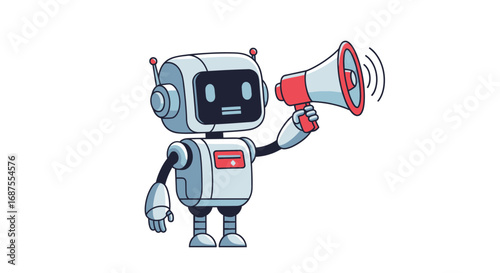 Announcing Robot, White and Grey, Holding Megaphone.