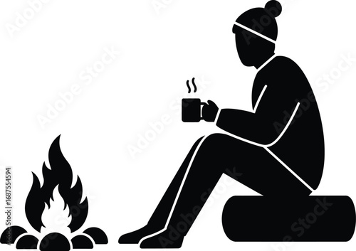 a person sitting by campfire enjoying warm drink outdoors