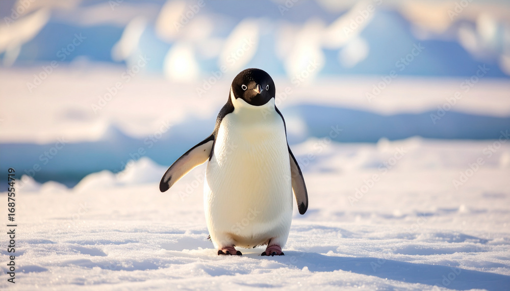 Obraz premium Adelie penguin standing alert on antarctic ice floe in bright sunlight