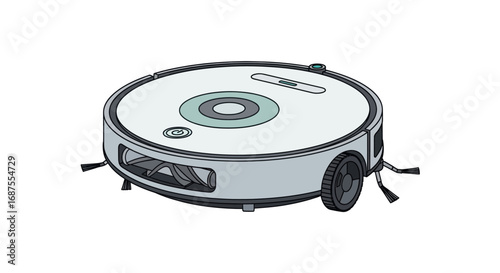 Round robotic vacuum cleaner with brushes and sensors.