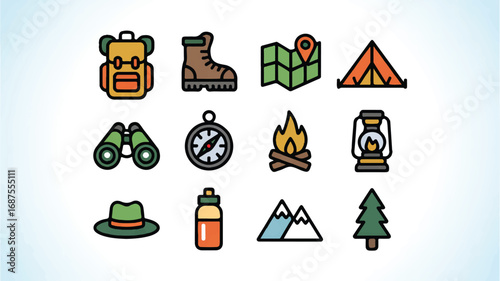 Assortment of camping gear vector icons offering a design ready for outdoor activities and travel