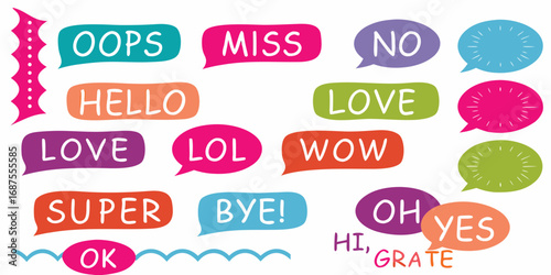 Collection of colorful speech bubbles with positive and common words for communication and expression