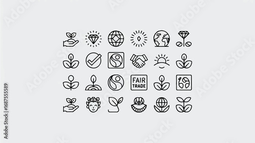 Assortment of eco friendly and sustainable lifestyle symbols promoting ethical practices and environmental responsibility initiatives and fair trade