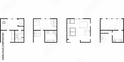 Collection of simplified black and white floor plan layouts for residential apartments and homes