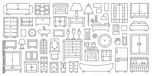 Collection of outline furniture and home decor items for interior design and illustration