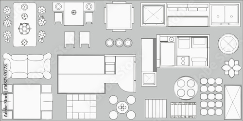 Top down view of a modern apartment floor plan with furniture layout and outdoor seating area