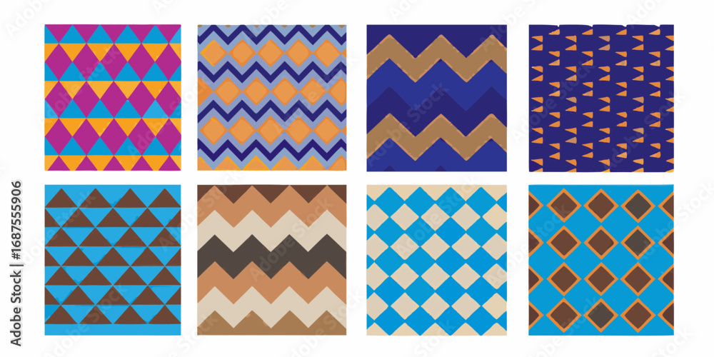 Fototapeta premium Collection of eight colorful geometric patterns with zigzags diamonds and triangles