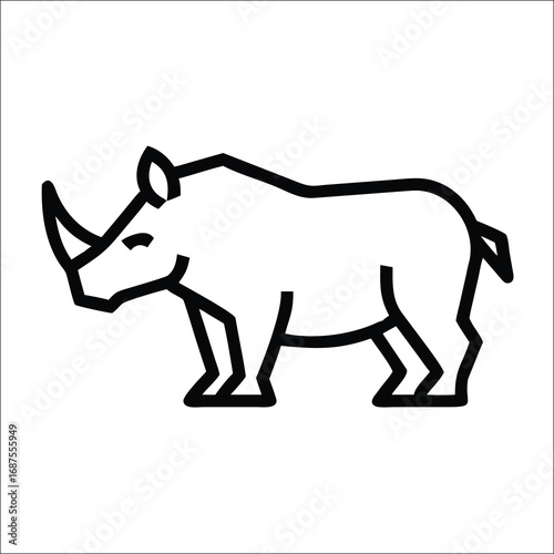 Simple black outline drawing of a rhinoceros standing, depicted in a minimalist style with a single horn.