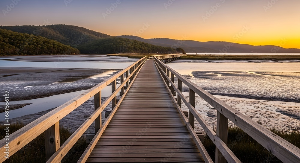 Fototapeta premium Wooden bridge sunset coastal view.