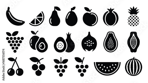 Black and white fruit icons featuring fresh produce banana orange pear apple pomegranate pineapple avocado grapes cherries fig watermelon and papaya