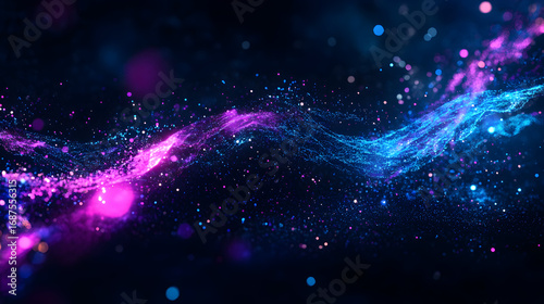 Abstract cosmic energy field with neon glowing particles and plasma wave effect
