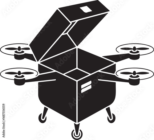 Delivery drone with open box and propellers silhouette isolated on white background