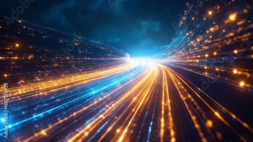 Abstract blue and orange light trails with a futuristic and energetic vibe, showcasing a visual